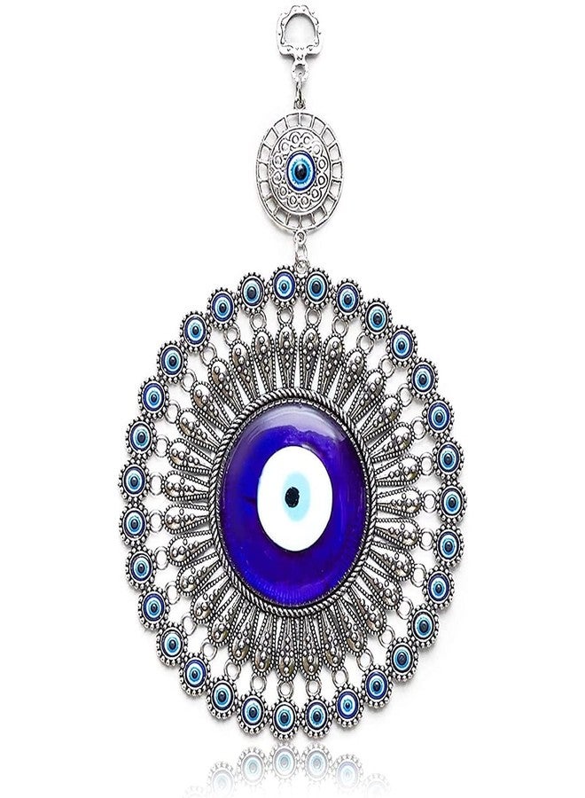 BLUE BEADS زينة جدارية على شكل عين الحسد، عين تركية زرقاء، تصميم معدني مزخرف بالفضة والذهب، زينة جدارية وباب كبيرة للمنزل والمكتب (النمط 01) - Image 1